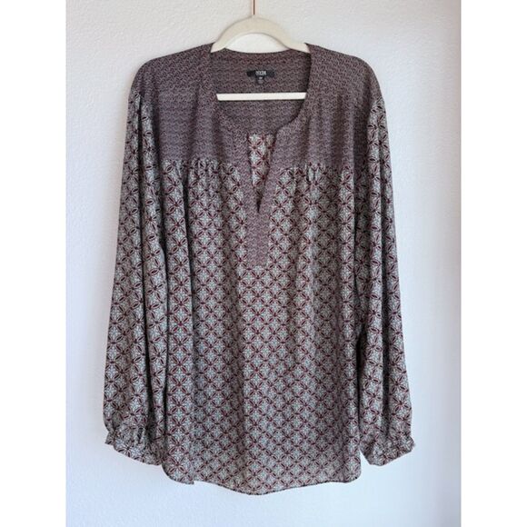 NYDJ Plus Womens Mixed Print Peasant Top in Maroon & Black Graphic Print Size 3X - Picture 4 of 12